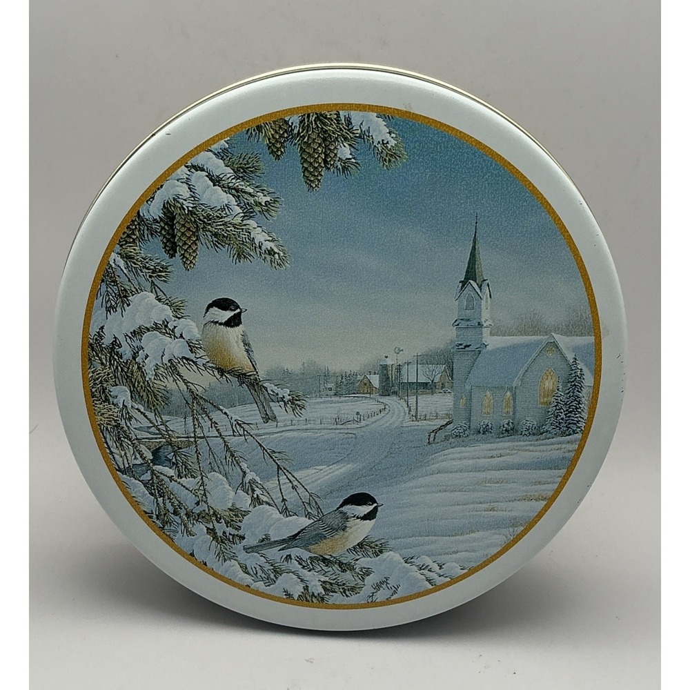 Vintage 1997 Sam Timm Winter Chickadee Church Snowy Scene 7" Metal Tin